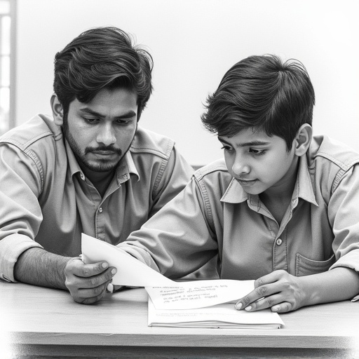 Highly detailed pencil sketch depicts a scene of Ram slipping a note onto a classmate's desk as Shiva watches. Both wear school uniforms in a classroom setting. The scene shows lively and secretive body language. Close-up angle focuses on the desk. Lighting features chiaroscuro with smooth monochrome shading and high contrast for ultra-detailing.