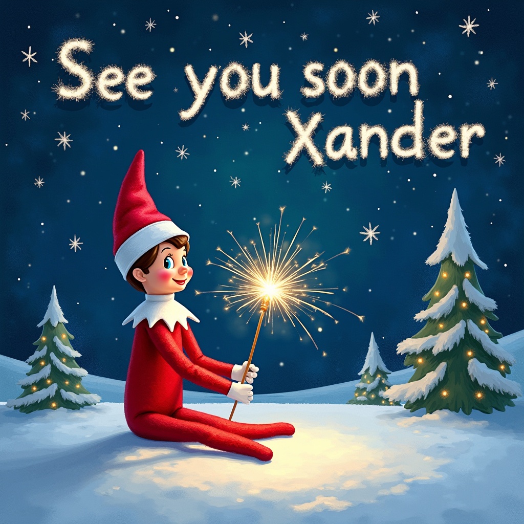 Create a festive scene featuring an Elf on the Shelf sitting in the snow at night. The elf is wearing a red outfit with a white collar and a pointed hat. In the background, there are snow-covered trees and a starry sky. The elf is holding a sparkler, which adds a magical glow to the scene. Above the elf, write 'See you soon Xander' as if it's made from the light of the sparkler. The atmosphere should be joyful and child-friendly, evoking feelings of wonder and excitement for the holiday season.