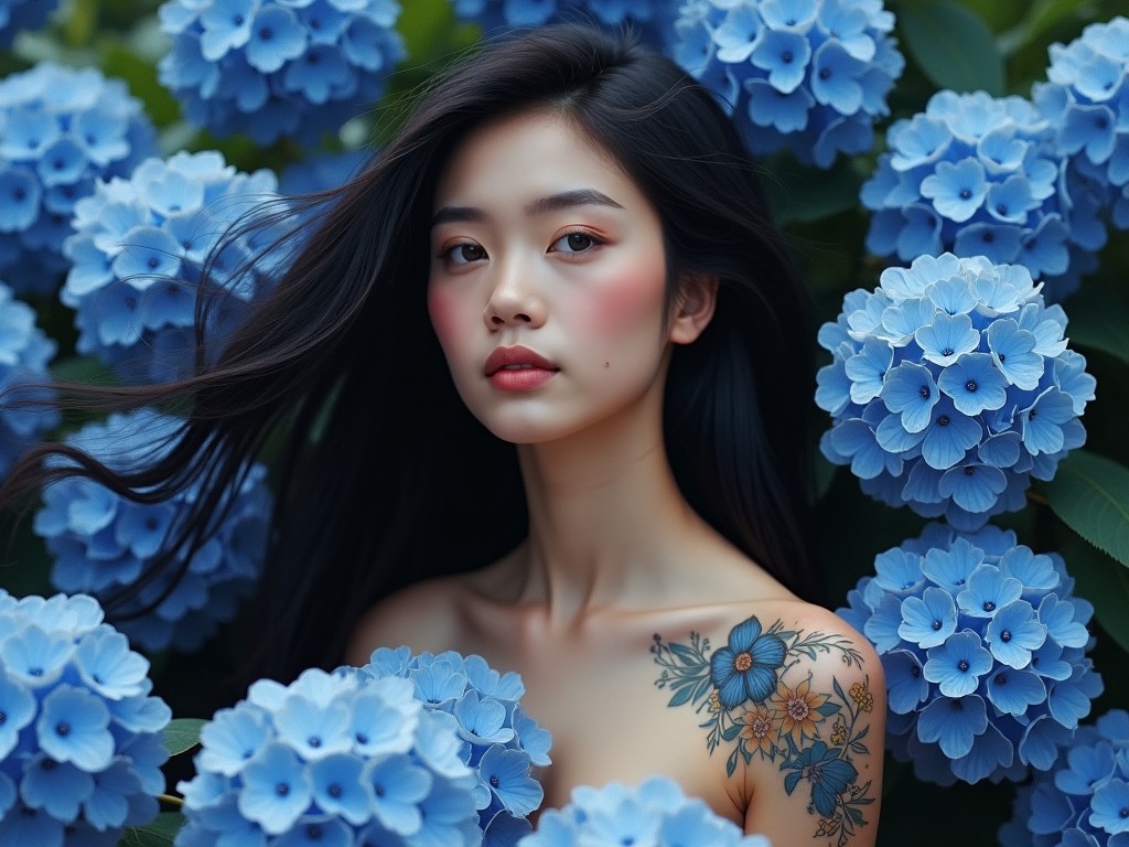 A person surrounded by vibrant blue hydrangeas, featuring a tattoo with floral designs, exuding a serene expression.