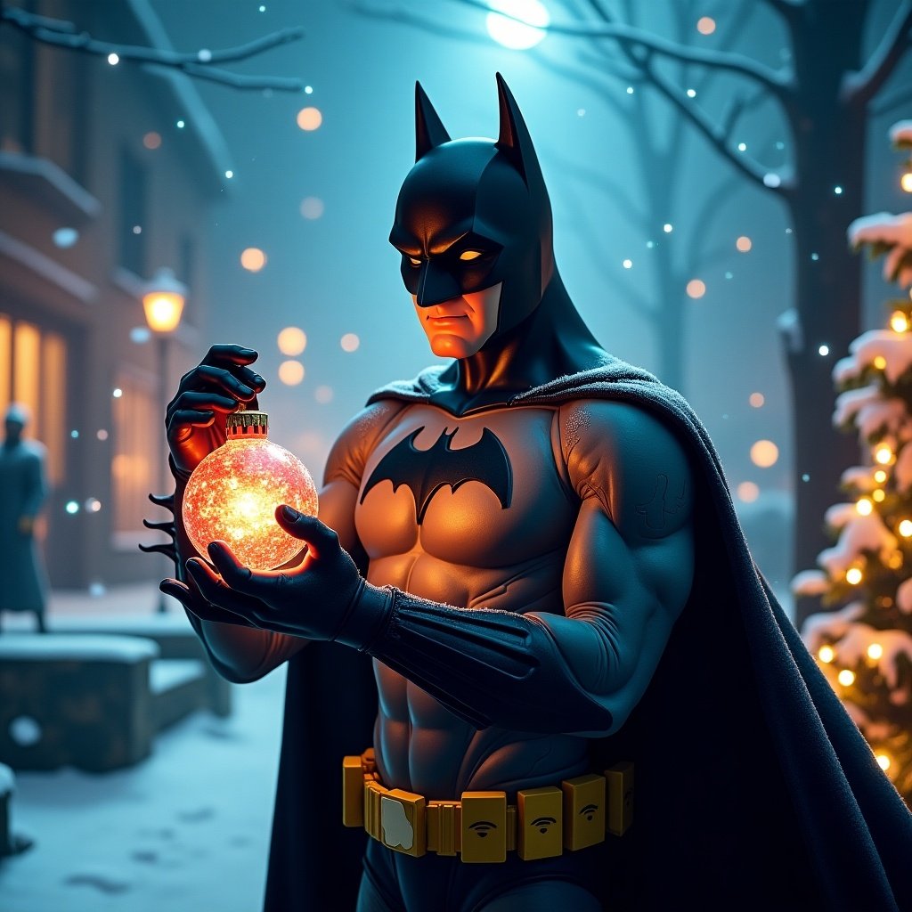 An enchanting Christmas scene features Batman holding a magical ornament. The background showcases vibrant northern lights. Elements like snow and decorated trees enhance the holiday feel. It blends superhero charm and holiday cheer.