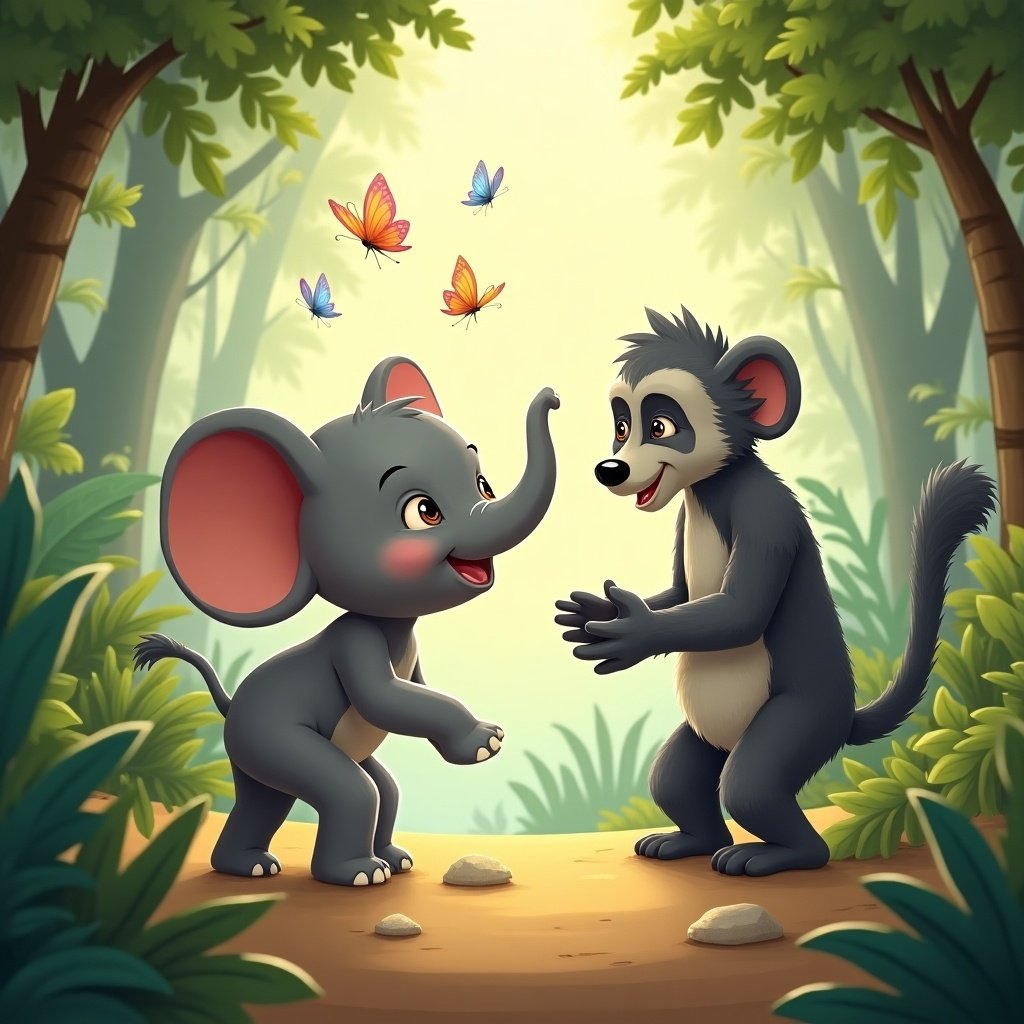 A baby elephant named Ellie chasing butterflies. Lost in the jungle. She meets a friendly baboon. They interact in a vibrant forest setting.