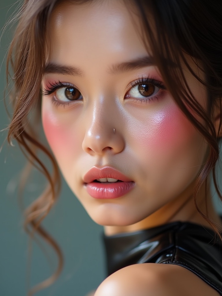 Closeup of a young woman. She has large bright eyes with rosy pink hue. She wears pink toned makeup. Soft pastel pink eyeshadow and glossy pink lips. Her outfit is a stunning leather dress.