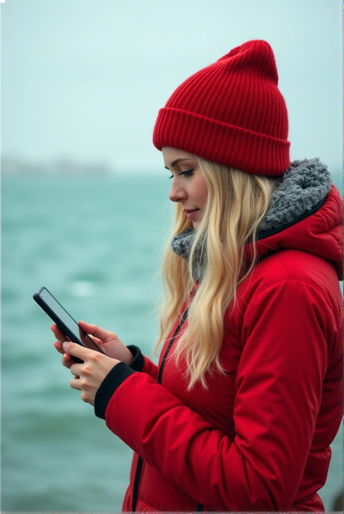 A woman in a red winter outfit checks her phone near a calm, cloudy waterfront.