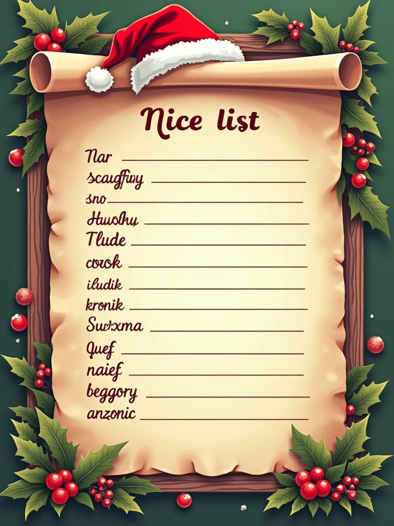 Letter from Santa displaying a Nice list filled with names and decorated with Christmas elements. Features a festive border and a Santa hat at the top.