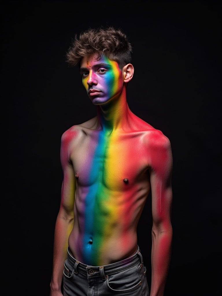 A person covered in vivid rainbow-colored body paint is standing against a dark background.