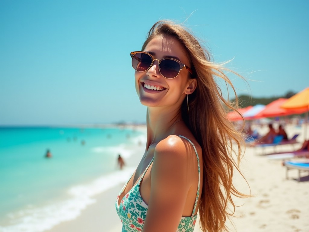 A woman smiling wearing sunglasses on a sunny beach, with colorful umbrellas in the background.