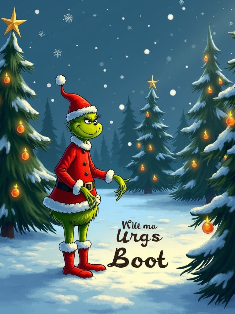 The Grinch stands outside in snow. Surrounded by Christmas trees adorned with lights. The Grinch writes in the snow. The name is @free_ugg_boot_giveaway07p1.