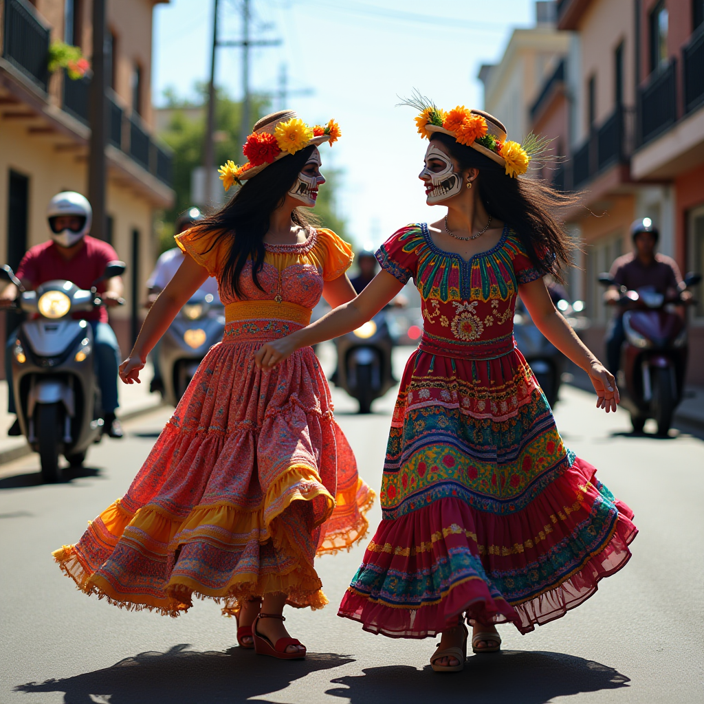 Two women in vibrant, traditional dresses with Day of the Dead face paint joyfully dance on a sunlit street.