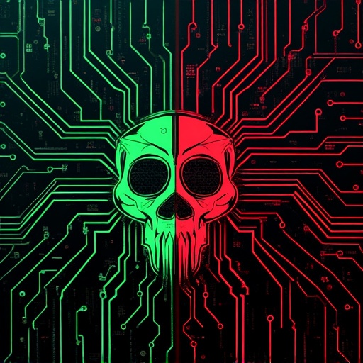 Illustration of a circuit board split into two halves. One half depicts smooth lines and green signals while the other portrays jagged lines and red pulses. A skull is centered overlaying a Trojan section, surrounded by translucent danger symbols on a background of binary and neural nodes. The style is cyberpunk with dark tones and neon highlights.