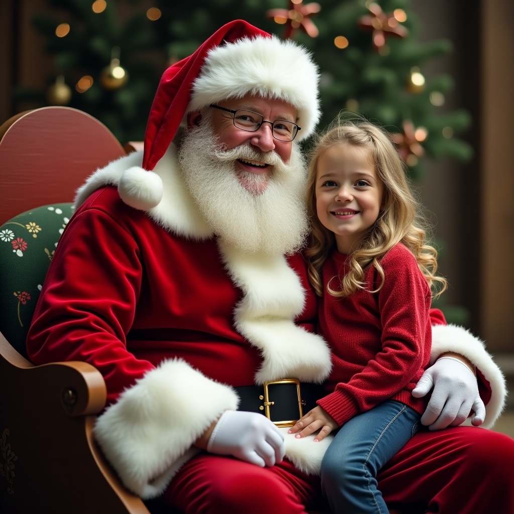 Photo realistic Santa Claus smiles while sitting in a sleigh with a child beside him.