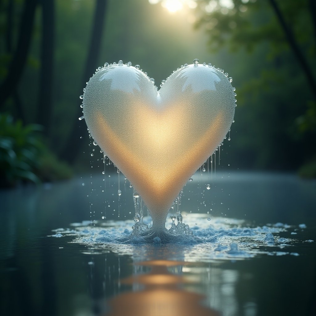 Photography of a heart-shaped object rising from the water. Droplets on its surface catch the light. The object creates a shimmering aura. Its surface blends with the water. Morning light filters through a green forest. The scene feels serene and magical.