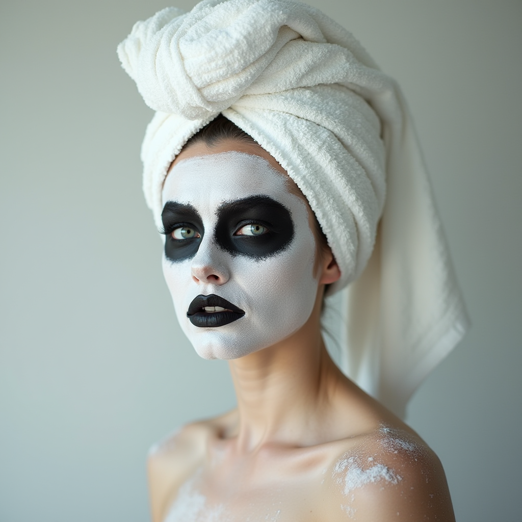 A person with dramatic black and white makeup and a towel wrapped around their head.