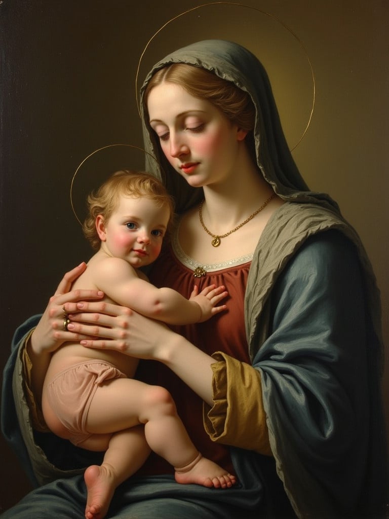 Virgin Mary holding Baby Jesus. Depicted in a classic art style. Warm colors are used. Focus on the maternal bond. Intricate details in clothing.