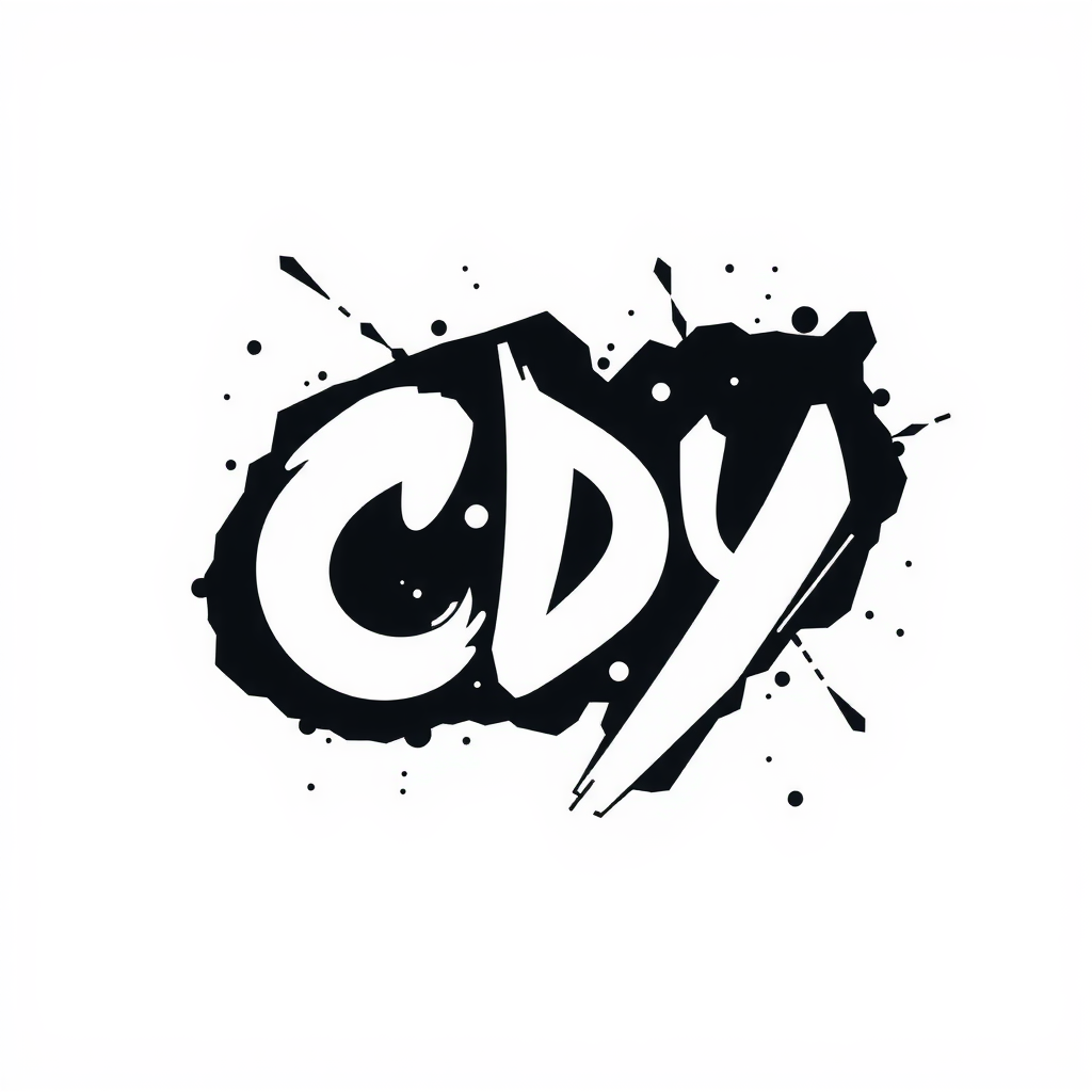 The image features the letters 'CDY' in a bold, graffiti style font. The design is primarily black and white, with the lettering appearing dynamic and energetic. Surrounding the letters are artistic splatters and droplets, adding to the urban and edgy aesthetic. The background is plain white, emphasizing the striking visual impact of the black text and artistic effects.