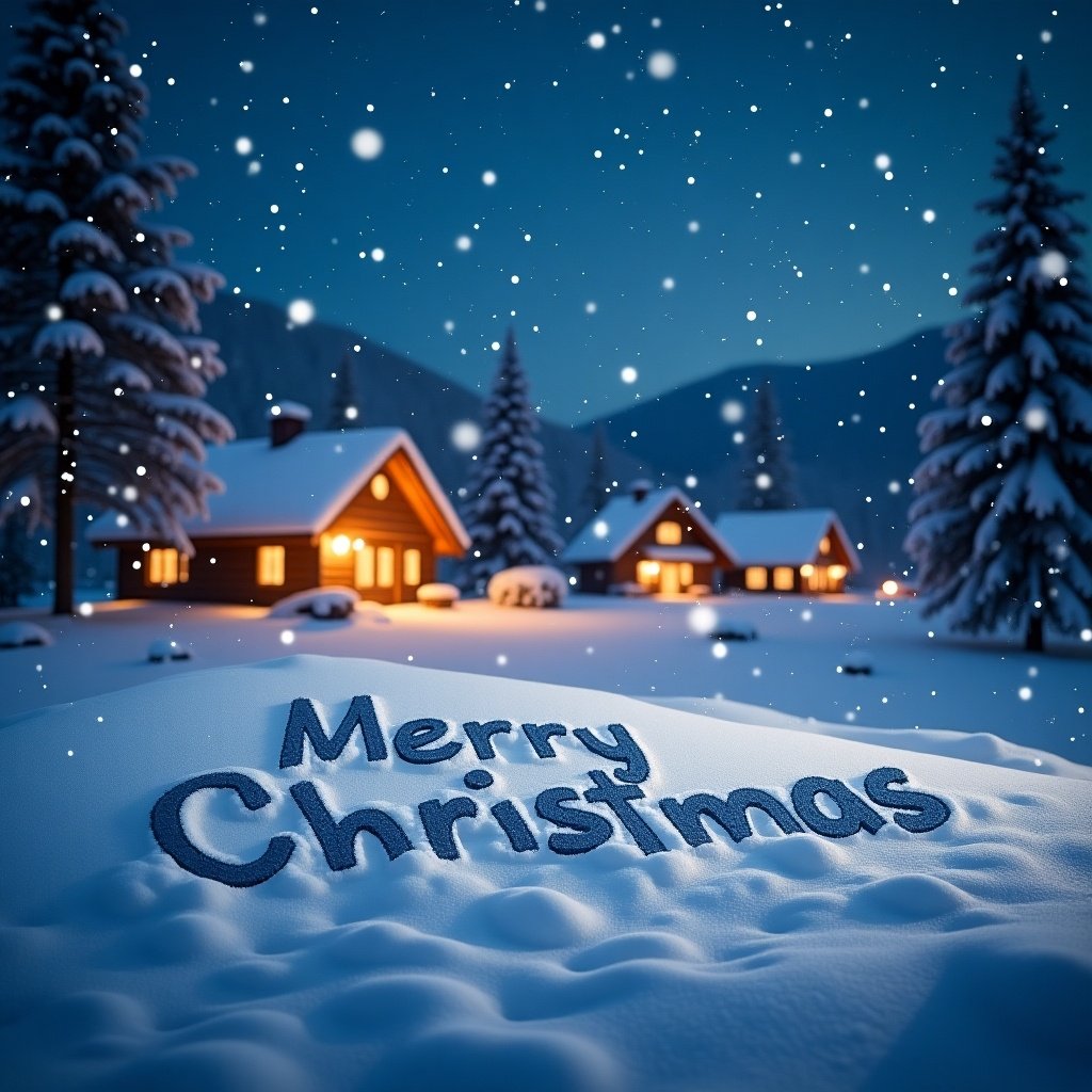 Snowy scene with 'Merry Christmas' text in snow. Snowflakes falling gently. Night sky in blue with stars. Warm light from cozy cottages in background. Evokes holiday spirit.