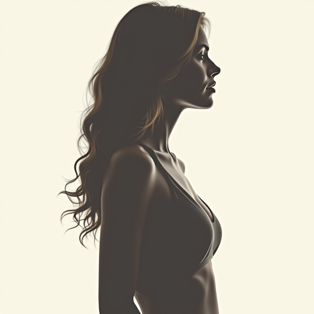 The image shows a woman standing in profile, showcasing her silhouette. She demonstrates a relaxed yet confident posture that exudes grace. The neutral canvas highlights her figure beautifully. The contours of her body are accentuated in a flattering way, emphasizing her femininity. The overall composition has a soft and serene quality that is appealing to viewers.