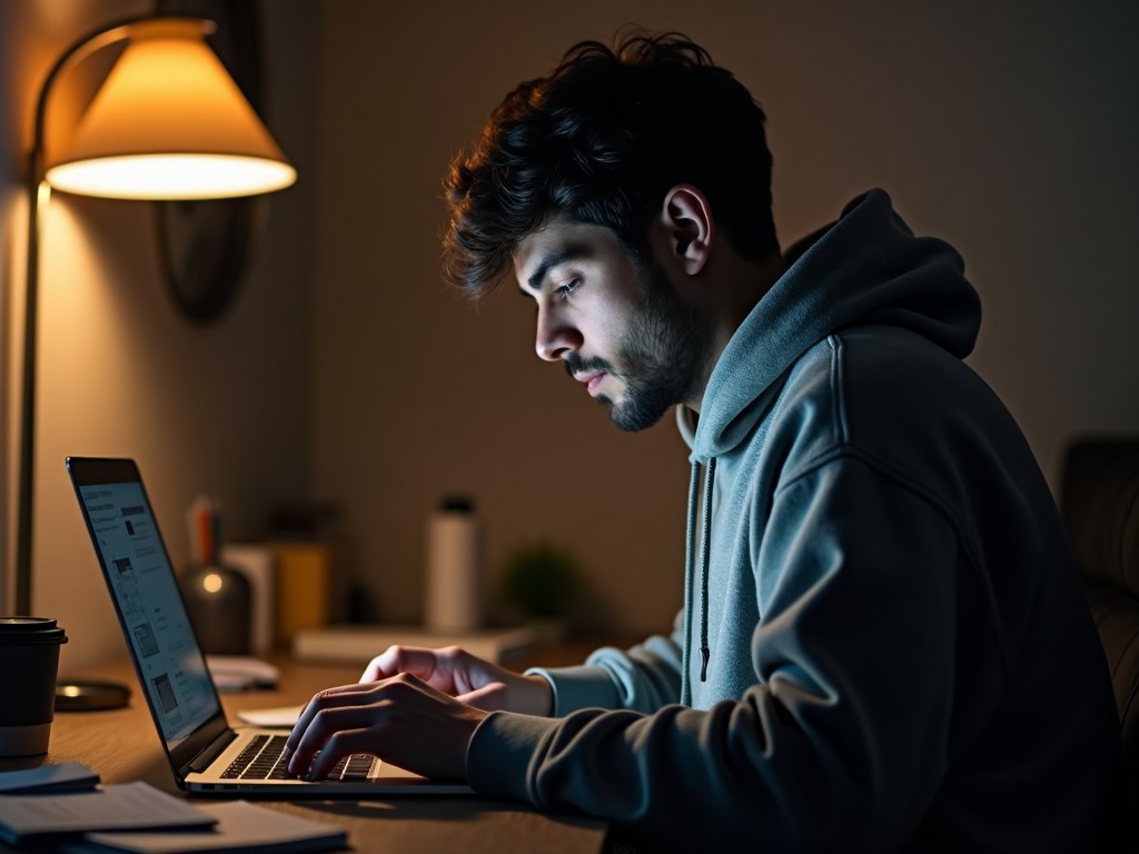 A young man is sitting at a desk late at night, typing on his laptop. He is wearing a gray hoodie, deeply focused on the screen. A warm yellow lamp casts a soft glow in the room, contrasting with the cool light from the laptop. Papers are scattered on the desk, giving a sense of a busy work environment. The overall ambience highlights a blend of focus and solitude in a modern digital workspace.