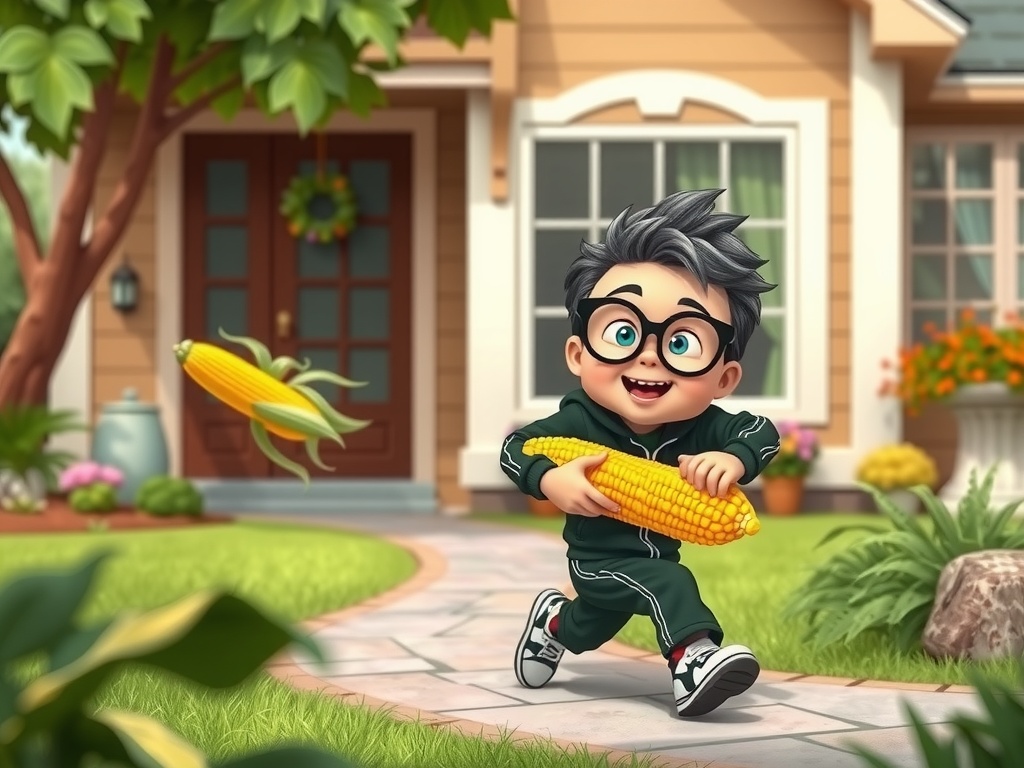 A cartoon-style illustration depicts a cheerful child with big glasses and a lively expression, gleefully running through a garden path while holding an ear of corn. His playful demeanor adds a lively touch to the serene suburban background, showcasing a beautiful house and vibrant greenery.