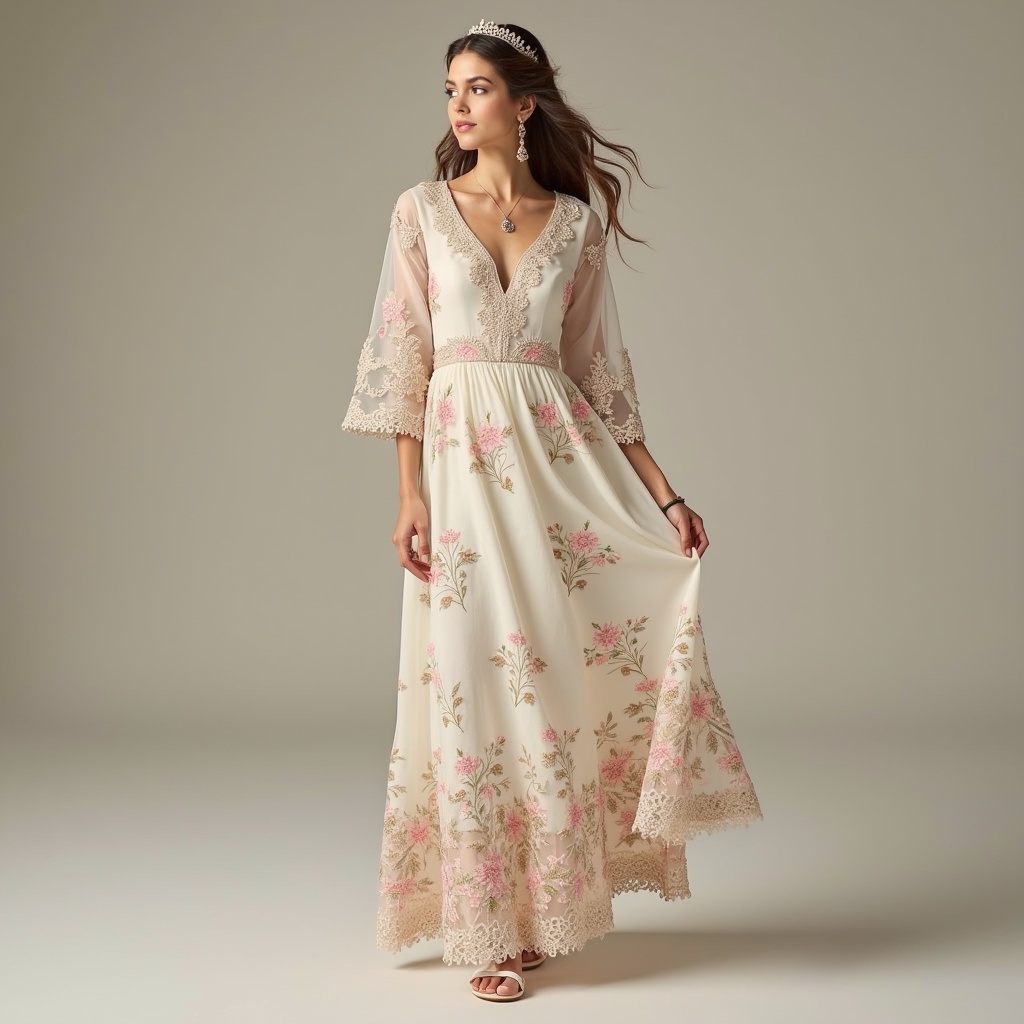 A dress with a spring theme, elegant design, not overly bright. Couture style with floral embroidery details.