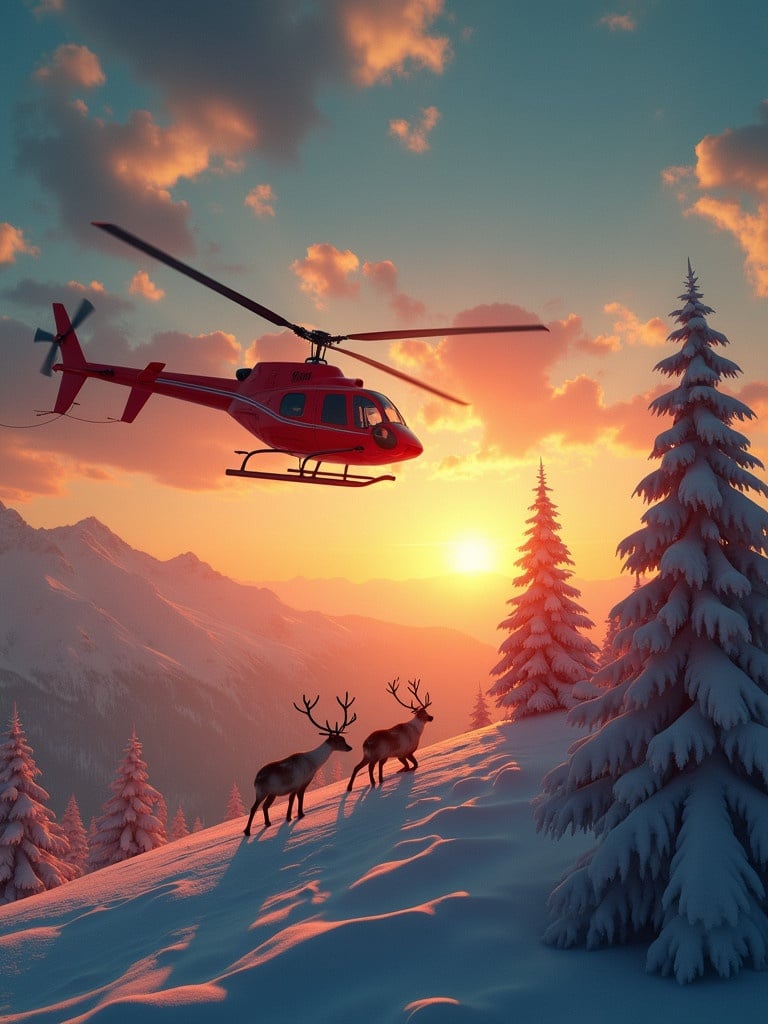 Helicopter flying above snowy landscape. Reindeers moving along snowy ground. Sunrise in the background with colorful clouds. Christmas theme featuring Santa Claus elements.