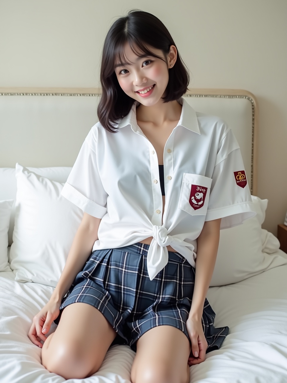 A young woman in a casual, stylish outfit sitting on a bed, smiling softly at the camera. She's wearing a white tied-up shirt and a plaid skirt. The background is a neatly made bed in a softly lit room.