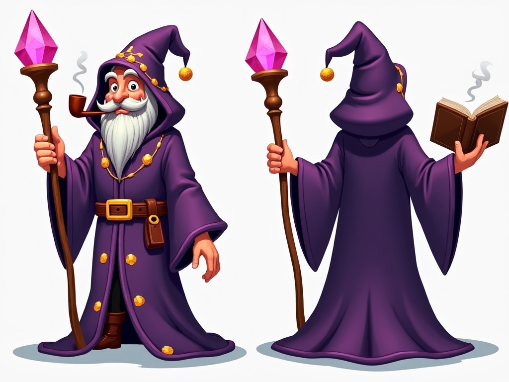 This image depicts a character design turnaround of a charming wizard. He wears a stunning purple cloak, adorned with intricate gold designs and a playful hood. In one hand, he holds a staff topped with a sparkling pink crystal, while his other hand grasps an open book filled with spells. A pipe rests comfortably in his mouth, accentuating his delightful mustache. The character is presented in front, side, and back views, showcasing his elaborate attire and magical accessories.