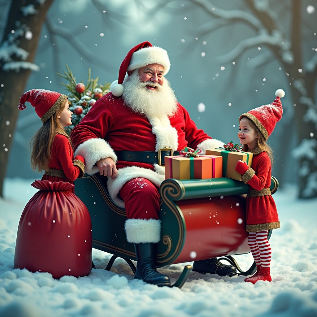 Photo realistic Santa Claus sits in a sleigh with a joyful expression. Two elves hold a bag filled with presents. Snow falls gently around them.