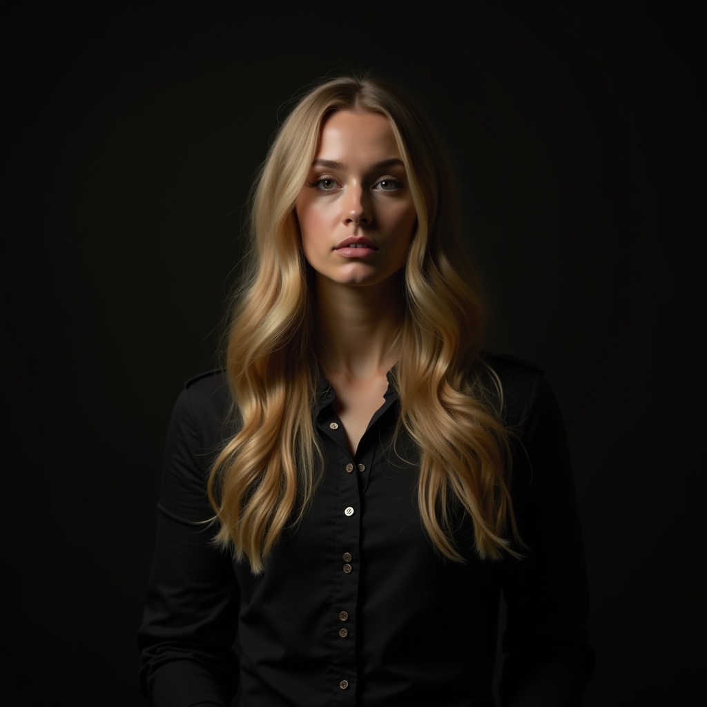 A woman with long blonde hair stands in a dark setting looking intently at the camera