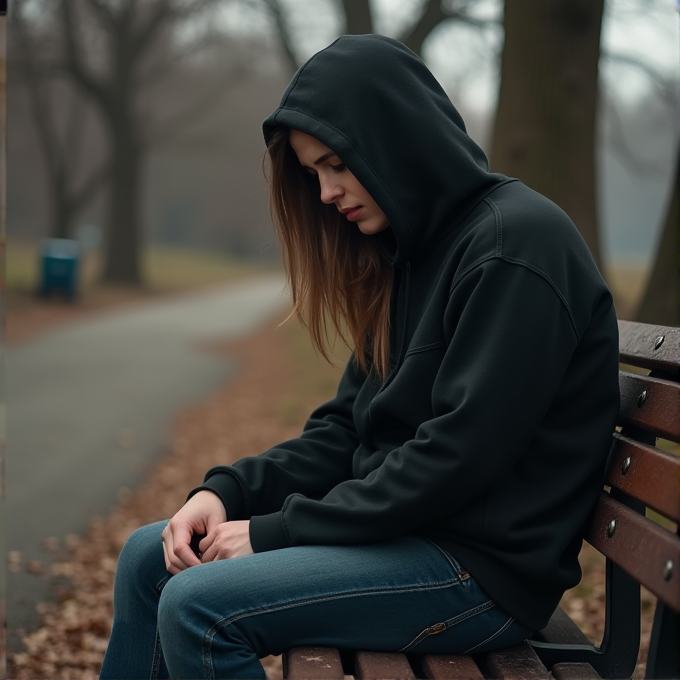 A person in a black hoodie sits pensively on a park bench in an autumn landscape, surrounded by bare trees and fallen leaves.