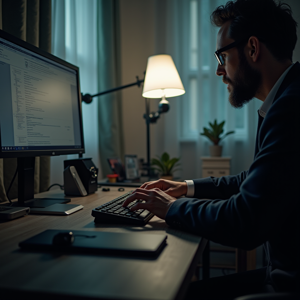 The image depicts a person working at a computer desk during nighttime. The room is softly lit by a lamp, creating a warm and focused atmosphere. The individual, who has a beard and wears glasses, is deeply engrossed in typing on a keyboard. The desktop is organized with a monitor displaying detailed information, a closed laptop, and a tablet or notebook with a pen or stylus on it. In the background, there are curtains framing a window and a couple of small plants adding a touch of greenery to the space. This setup suggests a serene and productive work environment, perhaps indicative of late-night coding or writing.