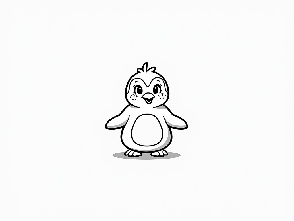 This illustration features a cartoon penguin with exaggerated cute features, including large eyes, a small beak, and flipper-like wings expressed in a joyful and playful stance. The penguin is set against a plain white background, emphasizing its monochrome black and white color scheme that gives it a clean and simple look, yet full of personality. Its design is highly stylized, appealing particularly to children and fans of cute animal graphics.