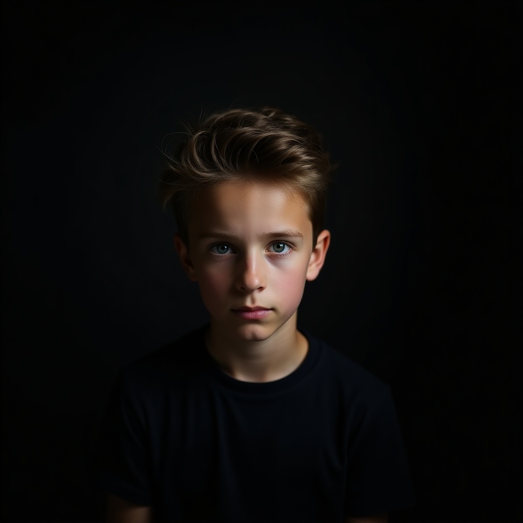 A handsome boy in a dark mode setting. The image features a figure against a black background, conveying a serious mood.