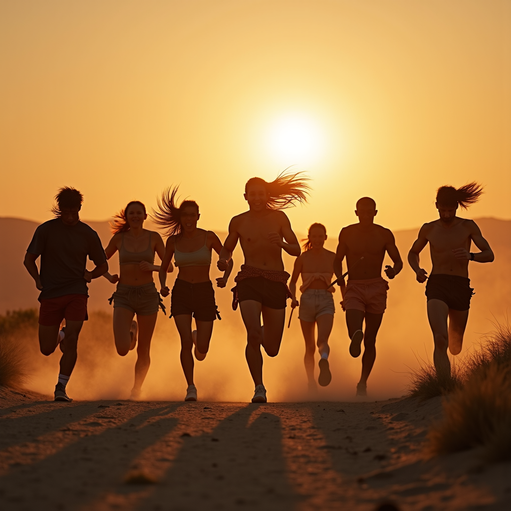 A group of people is running towards the camera on a dusty path against an orange sunset sky.