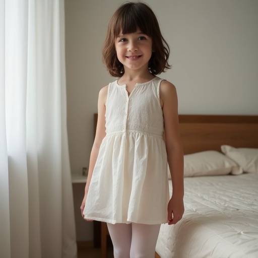 Full body view of a playful seven year old girl standing next to a bed. Girl has brown hair and wears a white blouse and light-colored skirt with white pantyhose.