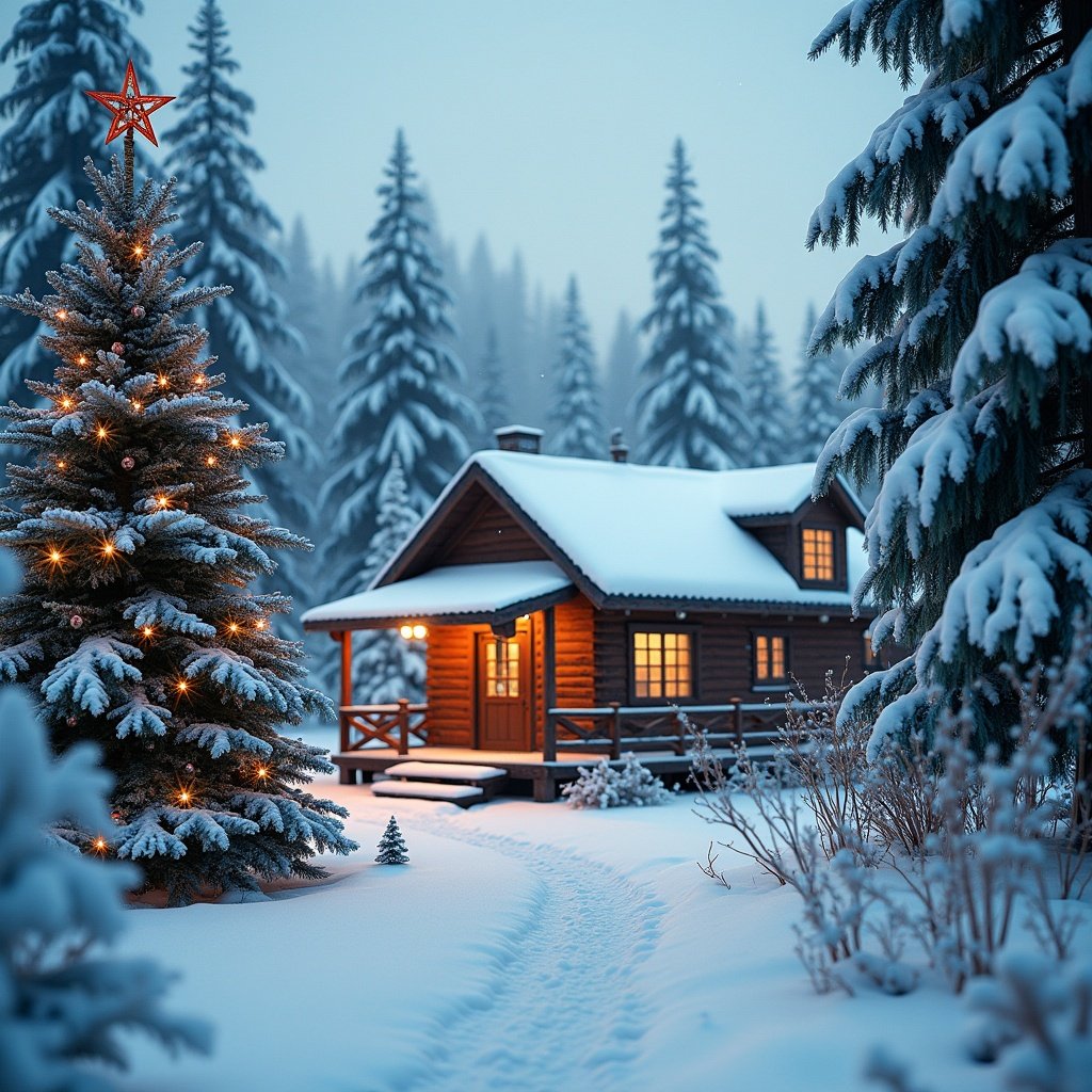 A serene scene depicting a cozy wooden cabin enveloped in snow. Surrounding evergreen pine trees add to the winter ambiance. A beautifully decorated Christmas tree stands prominently in front of the cabin. Warm light glows from the windows, creating a welcoming atmosphere.