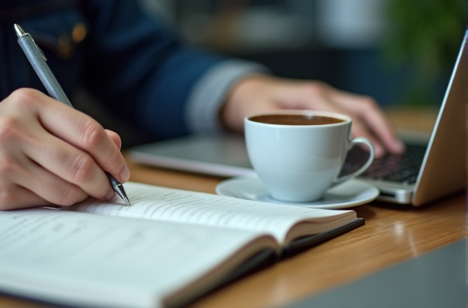 A person is writing in a notebook with a cup of coffee nearby, next to a laptop on a desk.