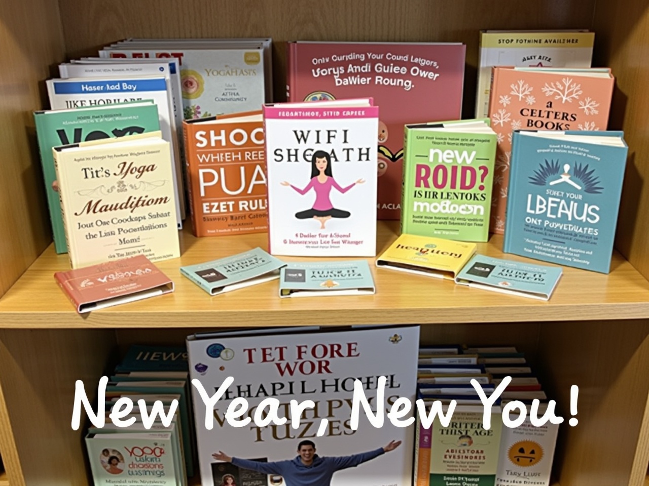 The image shows a display of books in a bookstore. There are several titles visible on a wooden shelf, arranged in an appealing manner. The books cover various topics such as yoga, self-improvement, and happiness. A sign at the bottom reads 'New Year, New You!', suggesting a theme of personal growth and fresh starts. The books are colorful and attractively designed, drawing attention from potential readers.