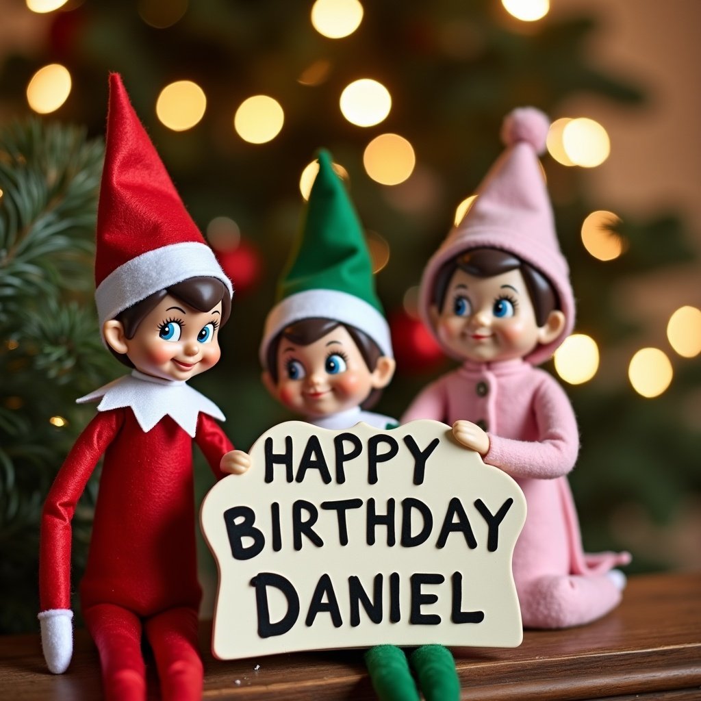 Three elves on the shelf celebrate a birthday. Red elf, green elf, and a baby girl elf hold a sign. The sign reads 'Happy Birthday Daniel.' Holiday lights are in the background.