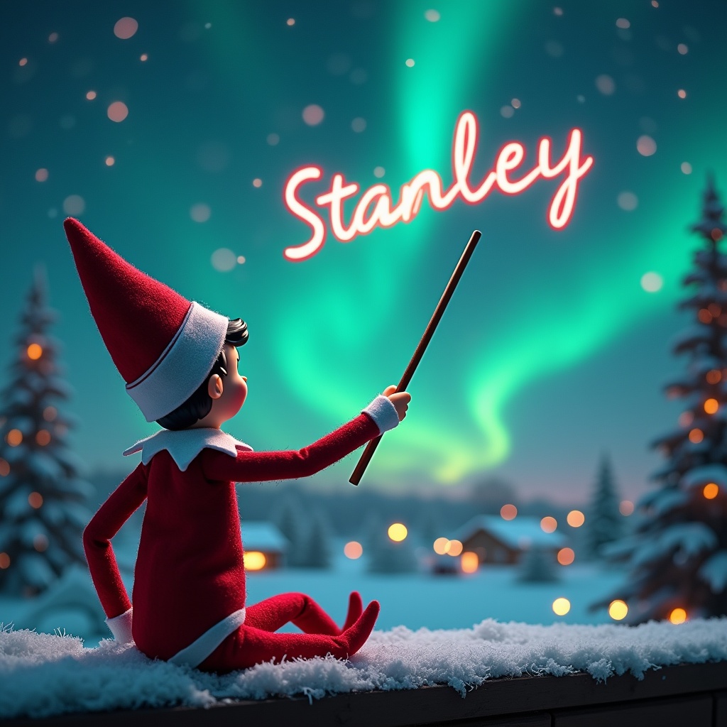 Elf sitting on a snowy rooftop. Elf has back to the viewer. Elf writing 'Stanley' in the sky using a wand. Background shows northern lights and cozy houses.