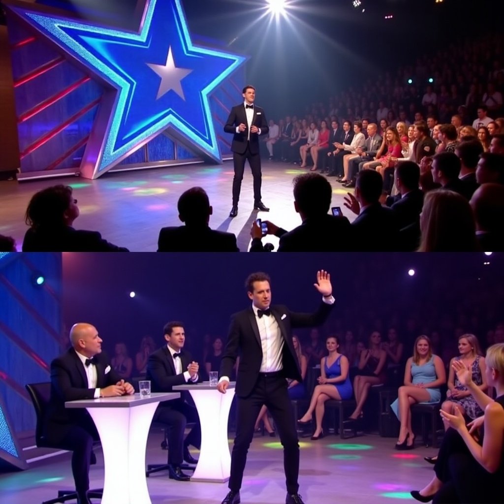 Performance on talent show stage with audience members watching. Judging panel seated at the front. Bright lights and star-shaped backdrop.