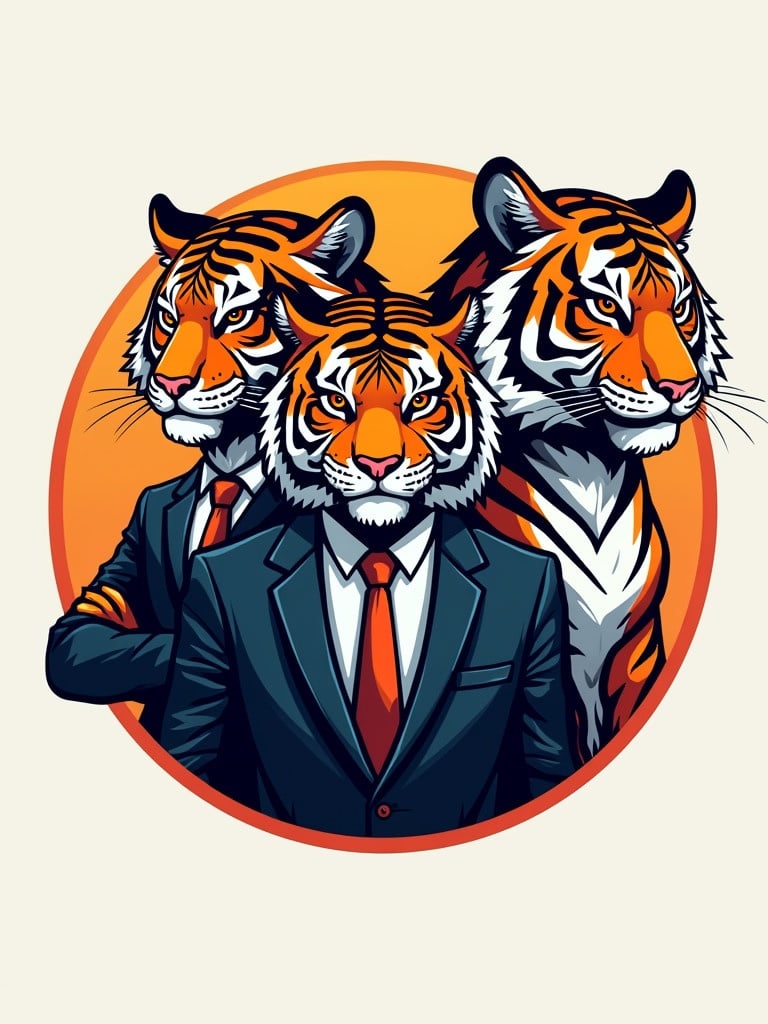 Design a logo for Tiger Coin featuring three iconic tiger figures. One is a financial expert in a suit. One is a chaotic clown tiger. One is a futuristic tiger with cyber elements. The logo reflects strength and agility in the crypto world.