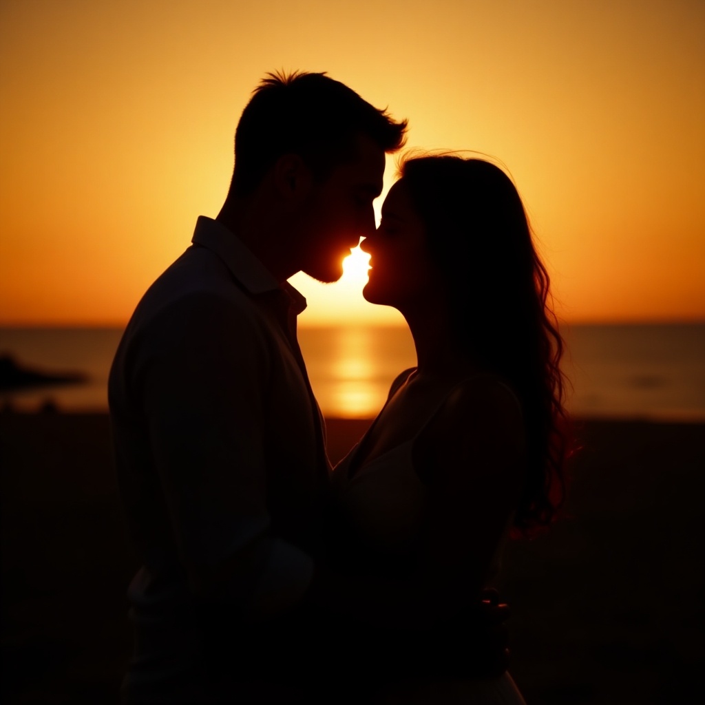 Couple sharing a forehead kiss during sunset. Dark silhouettes highlight affection. Soft light creates romantic atmosphere.