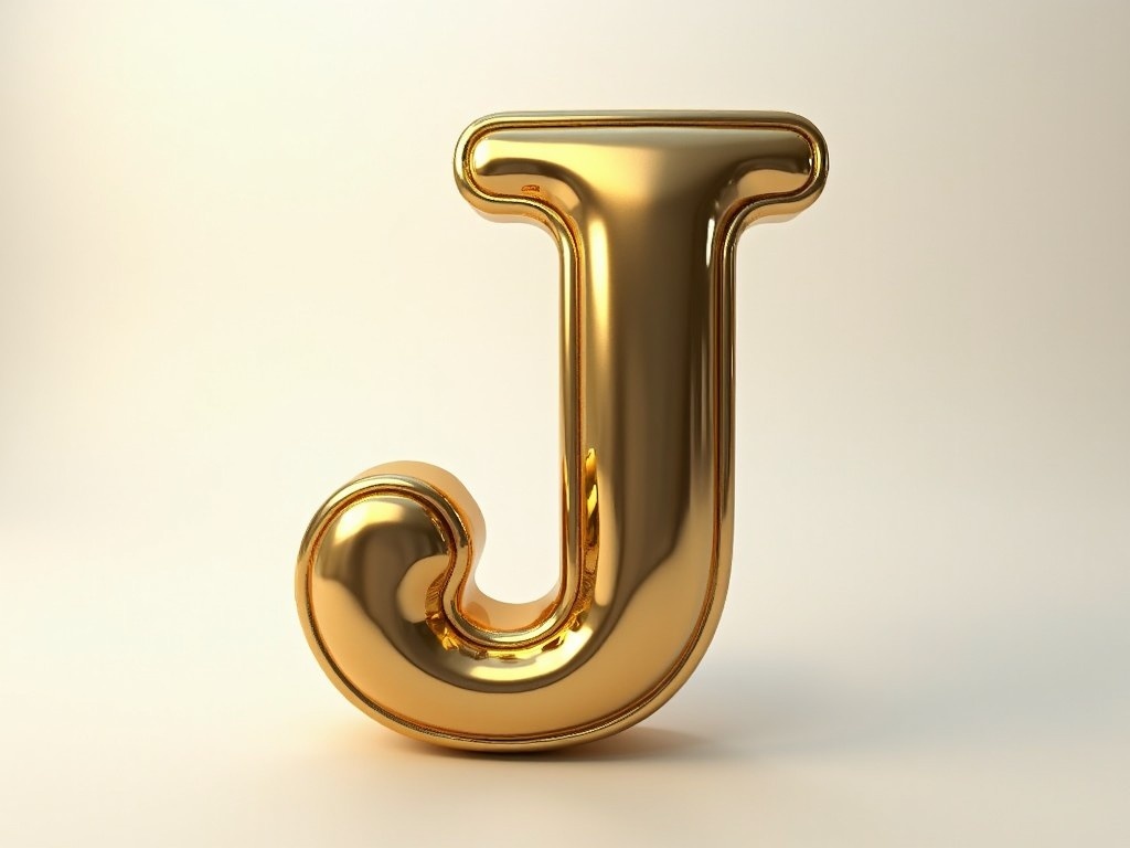 The image features a gold 3D lowercase letter 'J' that stands out with its shiny metallic surface. The letter is designed to reflect light beautifully, giving it an elegant appearance. It has a smooth and curvy form, emphasizing its modern design style. The background is minimalistic, allowing the letter to take center stage. This design can be used in various creative contexts, such as branding or graphic design projects.