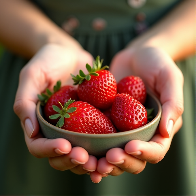 A person gently holds a bowl filled with vibrant red strawberries, contrasted against a blurred green dress.