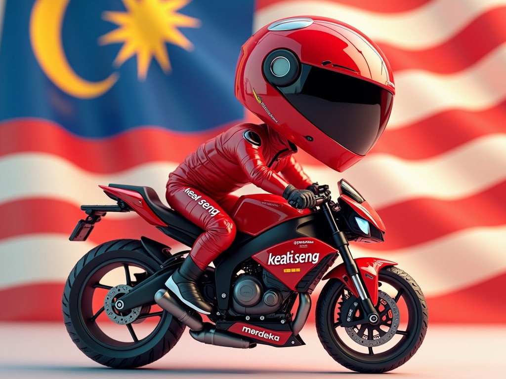 A stylized illustration features a futuristic motorcyclist in a sleek red suit and oversized helmet riding a matching red motorcycle. The background prominently displays the Malaysian flag, adding a nationalistic touch. The image is vibrant, with a smooth, glossy finish to the motorcycle and rider, presenting a dynamic and modern aesthetic.