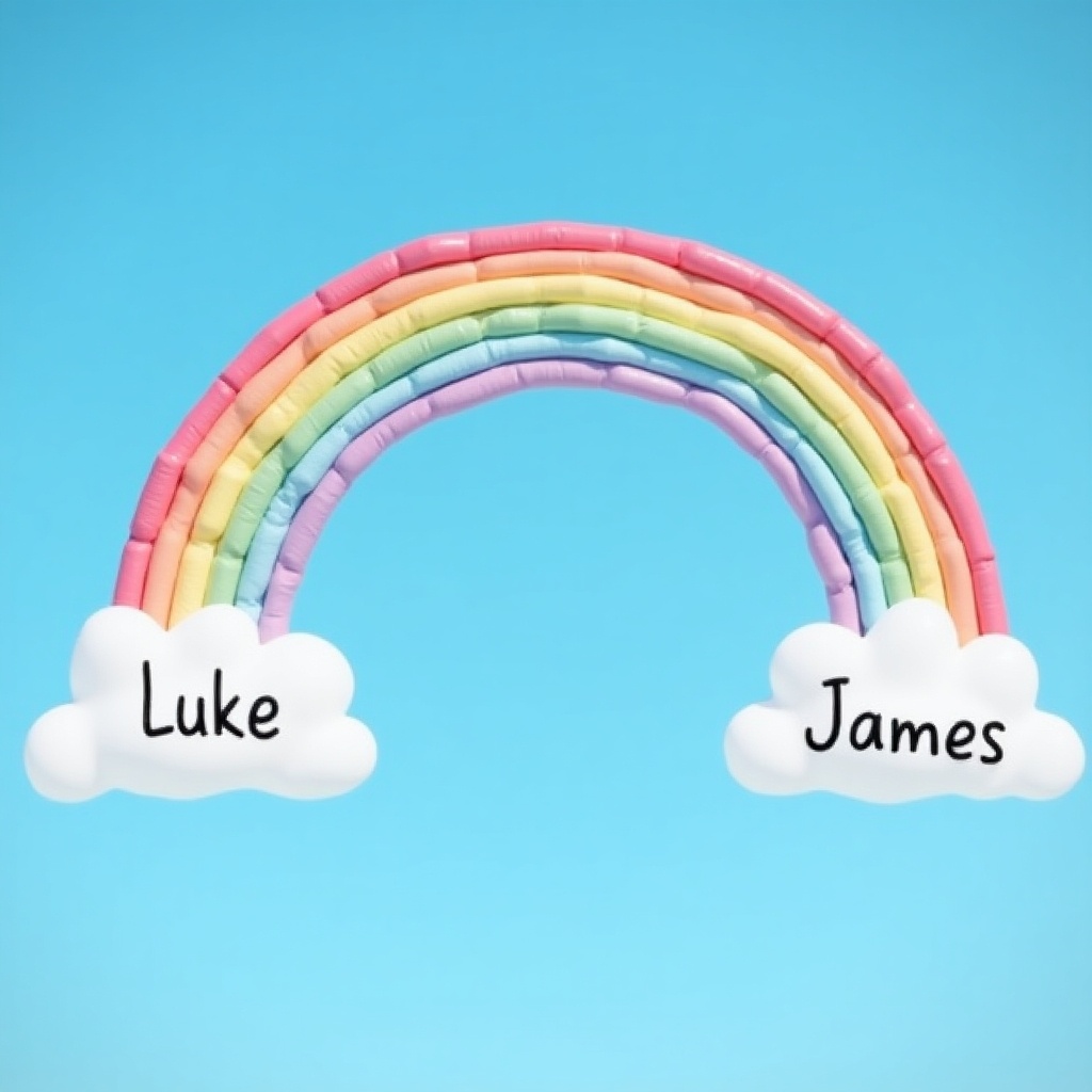 This image depicts a vibrant and colorful rainbow against a bright blue background. The rainbow features multiple pastel colors, creating a playful and inviting atmosphere. At both ends of the rainbow, there are fluffy white clouds. One cloud has the name 'Luke' written on it, while the other cloud displays the name 'James.' This design is perfect for children’s events and celebrations, evoking a sense of joy and imagination. The overall look is cheerful and suitable for a variety of occasions.