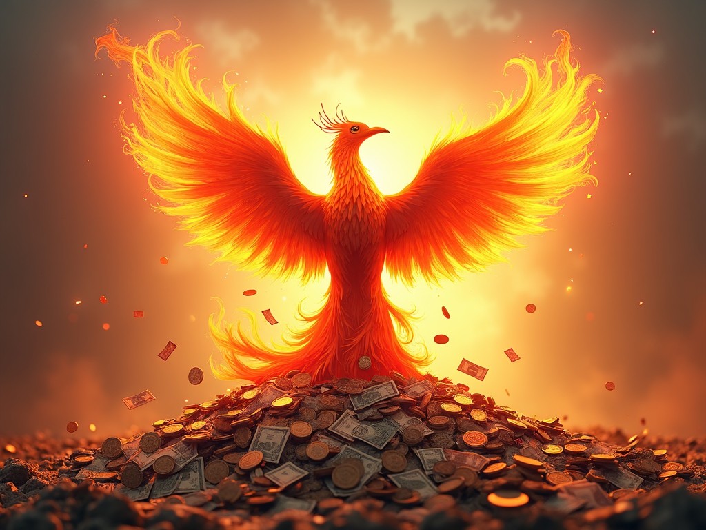 The image features a magnificent phoenix rising majestically from a pile of golden coins. The bird is enveloped in vibrant orange and yellow flames, symbolizing its rebirth. The background is a glowing, warm light enhancing the fiery effect. Coins are scattered around the base, emphasizing the theme of wealth. The overall aura conveys a sense of empowerment and prosperity, making it visually striking and symbolically rich.