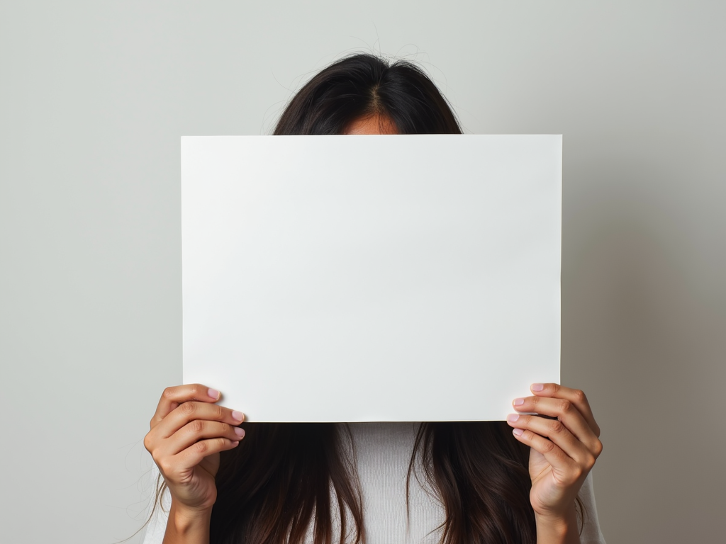 A person is holding a blank white sheet of paper in front of their face, hiding their identity.