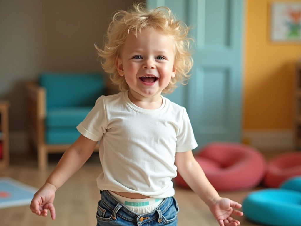 A playful and smiling child with curly hair standing in a brightly colored room, wearing a white shirt and jeans.