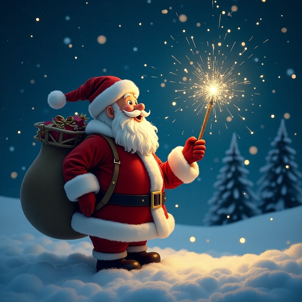 Santa Claus stands in snow holding a sparkler writing names in the sky. Gifts are in a bag on his back. Winter trees in the background.